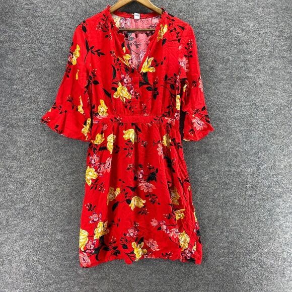 5/$45 Old Navy Dress Women M Medium Red Floral Sheath Midi V-Neck 3/4 Sleeve - Picture 1 of 10